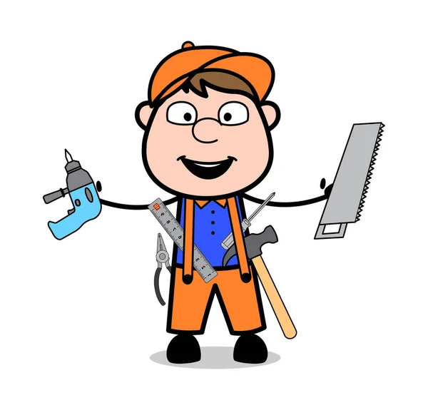 Holding Many Tools - Retro Cartoon Carpenter Worker Vector Illus — Stock Vector