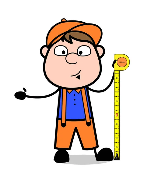 Measuring with Measurement Tape - Retro Cartoon Carpenter Worker — Stock Vector