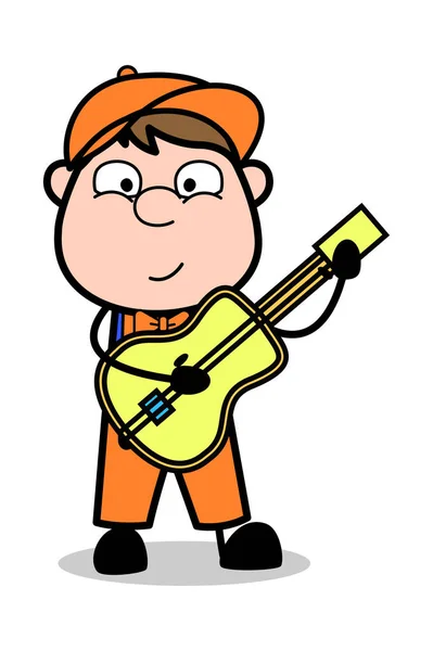 Tocando Guitarra - Retro Cartoon Carpenter Trabalhador Vector Ilustrat —  Vetores de Stock