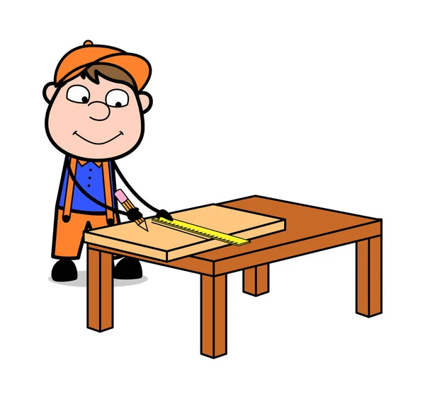 Mesure de la taille en bois - Retro Cartoon Carpenter Worker vecteur Il — Image vectorielle