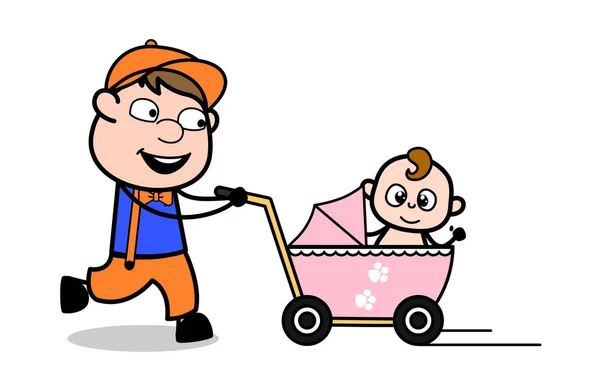 Correndo com o bebê - Retro Cartoon Carpenter Trabalhador Vector Illust — Vetor de Stock