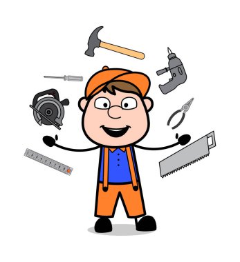 Çeşitli Araçlar Seçenekleri Sunan - Retro Karikatür Marangoz Worke