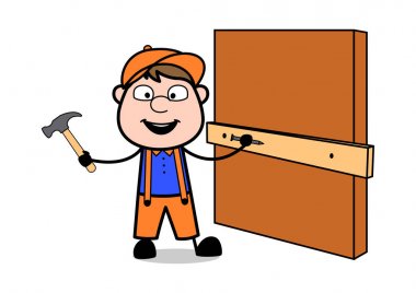 Tahtada Ahşap Tahta Bağlama - Retro Cartoon Carpenter Wor