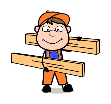 Ahşap Tahta Taşıma - Retro Karikatür Marangoz İşçi Vektör Il