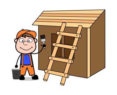 Bir Ressam Boyama Bir Ev - Retro Karikatür Marangoz İşçi Vect