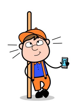 Müzik Gadget gösteren - Retro Karikatür Marangoz İşçi Vektör Hasta