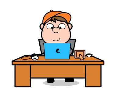 Laptop İş - Retro Karikatür Marangoz İşçi Vektör İllüstrasyon