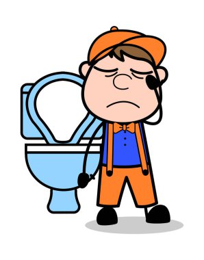 Kabızlık Sorunu - Retro Karikatür Marangoz İşçi Vektör Illus