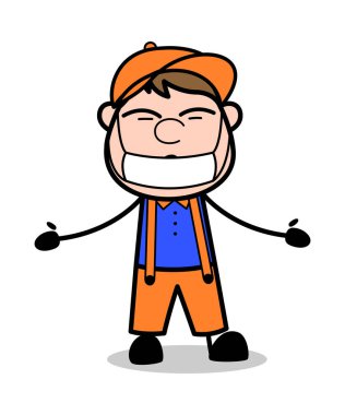 Yüzünde Tıbbi Maske - Retro Karikatür Marangoz İşçi Vektör Ill