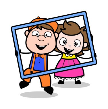 Fotoğraf için Bir Çerçeve Holding - Retro Karikatür Marangoz İşçi Vecto
