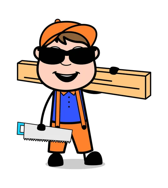 Modern Carpenter - Retro Cartoon Carpenter Worker Vector Illustr — Stock Vector