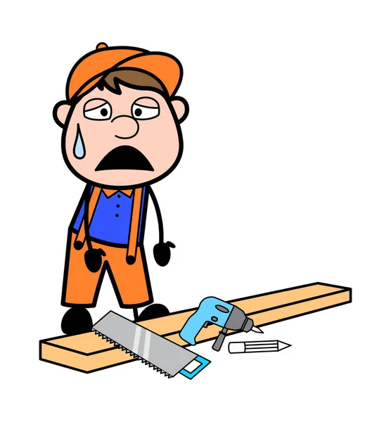 Ficando cansado ao cortar madeiras - Retro Cartoon Carpenter Trabalho — Vetor de Stock