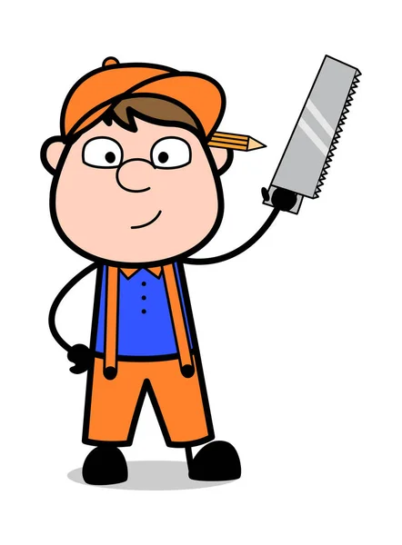 Holding a Hand-Saw Retro Cartoon Carpenter Worker Vector Illus - Stok Vektor