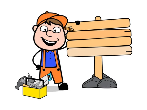 Παρουσιάζοντας ένα χειροποίητο ξύλινο Συμβούλιο-ρετρό καρτούν ξυλουργός wor — Διανυσματικό Αρχείο