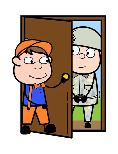 Junge öffnete Tür, um einen Soldaten willkommen zu heißen - Retro-Cartoon-Schreiner w — Stockvektor