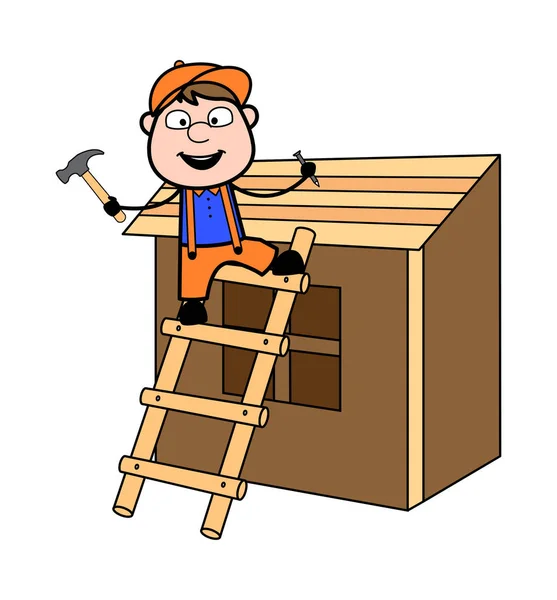 Repairing House - Retro Cartoon Carpenter Worker Vector Illustra — Stock Vector