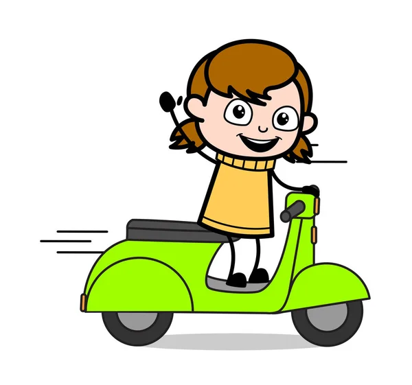 Scooter a caballo y gestos con la mano - Retro Cartoon Girl Teen — Vector de stock
