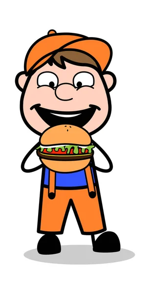 Eating burger-retro cartoon timmerman werknemer vector illustrati — Stockvector