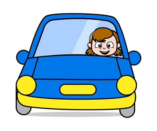 Sentada en un coche - Retro Cartoon Girl Teen Vector Illustration — Vector de stock