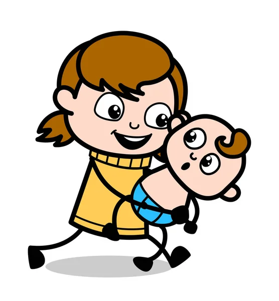 Tenir un bébé et courir - Retro Cartoon Girl Teen Vector Illu — Image vectorielle