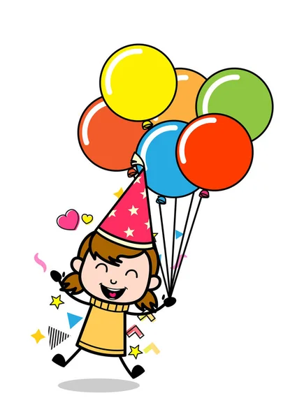 Springen met ballonnen-retro cartoon meisje tiener vector illustrat — Stockvector