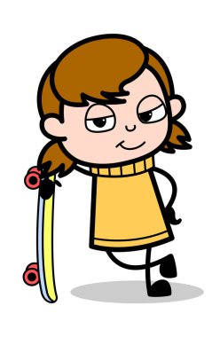 Bir Kaykay ile Standing - Retro Karikatür Kız Teen Vector Illu