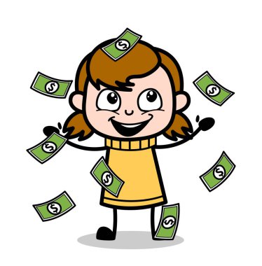 Catching Yüzen Para - Retro Karikatür Kız Teen Vector Illustr