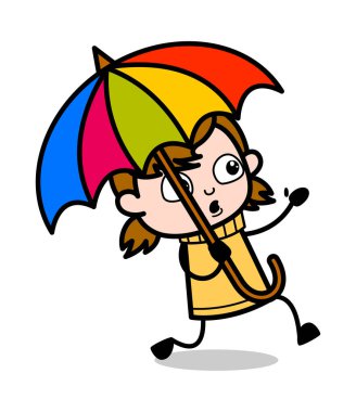 Şemsiye ile Koşu - Retro Karikatür Kız Teen Vector Illustrat
