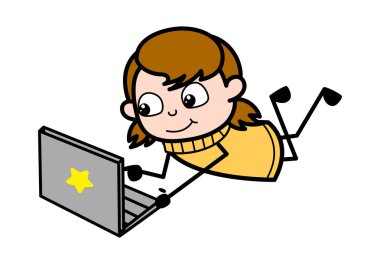 Laptop Üzerinde Çalışma - Retro Karikatür Kız Teen Vector İllüstrasyon