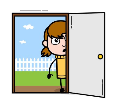 Gizlice House Içinde Izliyor - Retro Karikatür Kız Teen Vec