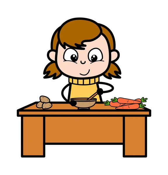 食べ物の準備 - レトロな漫画の女の子ティーンベクトルイラスト — ストックベクタ