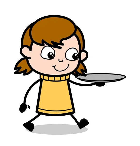 Держа тарелку и бегая - ретро-мультфильм "Девочка-подросток" — стоковый вектор