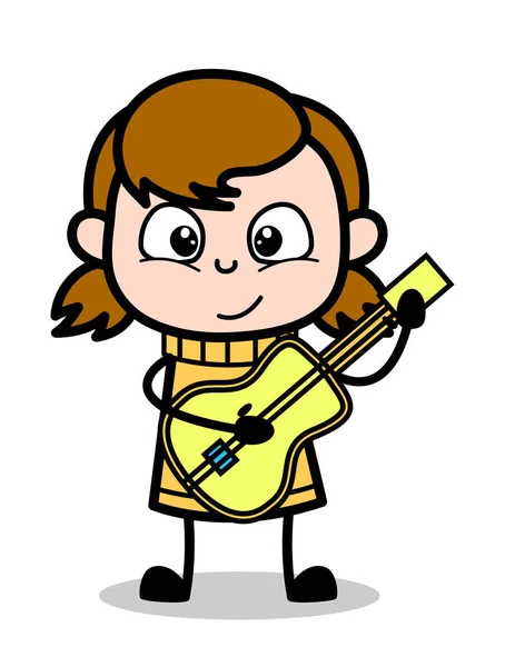 玩 吉他 - 复古卡通女孩青少年矢量插图 — 图库矢量图片