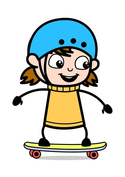 滑板 - 复古卡通女孩青少年矢量插图 — 图库矢量图片