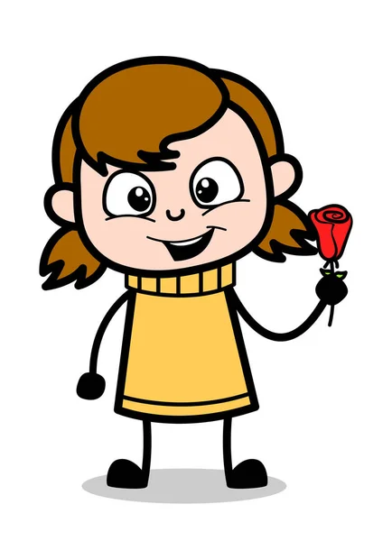 Mostrando una Rosa - Retro Dibujos Animados Girl Teen Vector Illustration — Archivo Imágenes Vectoriales