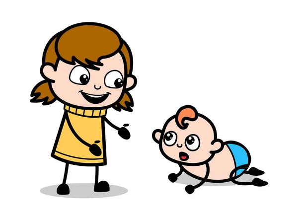 Jugando con el bebé recién nacido - Retro Cartoon Girl Teen Vector Illu — Vector de stock