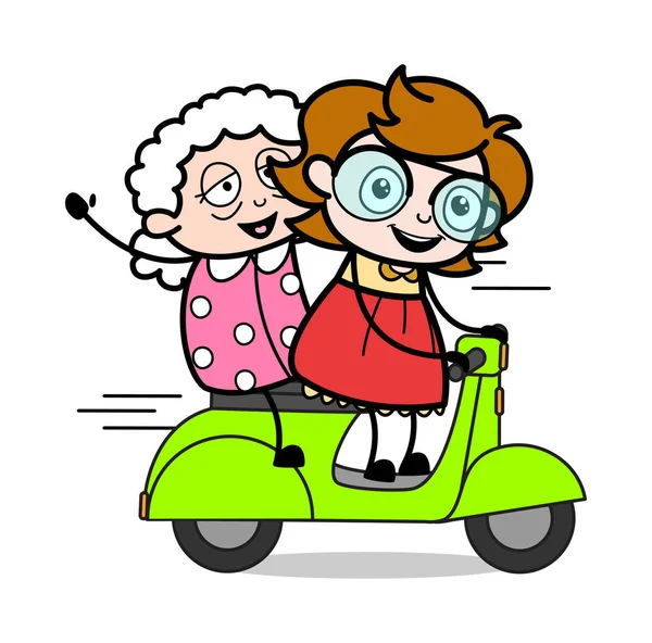 骑滑板车与奶奶 - 青少年卡通智能女孩 — 图库矢量图片