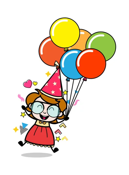 Springen met ballonnen-tiener cartoon intelligent meisje vector — Stockvector