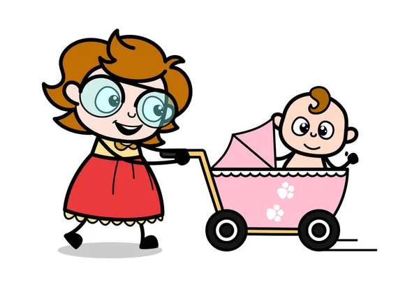 Uma mãe caminhando com seu bebê no Pram - Intell dos desenhos animados adolescentes — Vetor de Stock