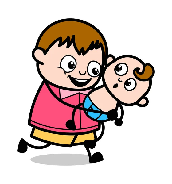 Running and Playing with Baby - Teenager Cartoon Fat Boy Vector — Stock Vector