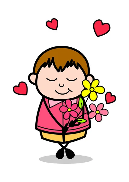 Nieśmiały chłopiec trzyma bucnh kwiatów-nastolatek Cartoon Fat Boy ve — Wektor stockowy