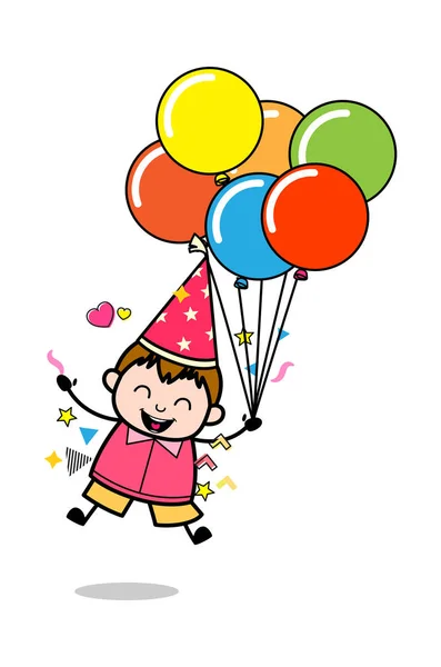 Vasthouden van ballonnen en springen in opwinding-tiener cartoon FA — Stockvector