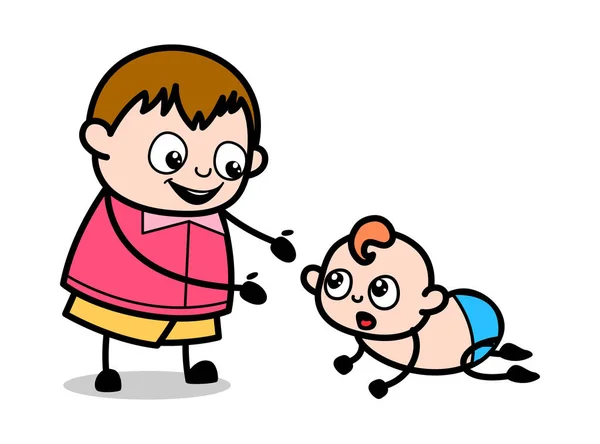 赤ちゃんと遊ぶ - ティーンエイジャー漫画ファット少年ベクトルイラスト — ストックベクタ