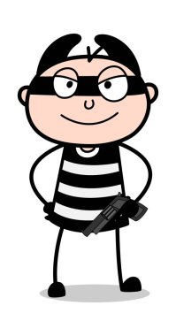 Gun ile Gülümseyen Şeytan Hırsız - Karikatür hırsız suç Guy Vector