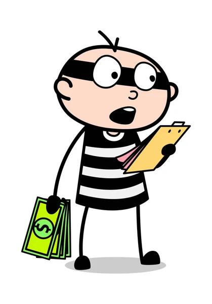 手里拿着现金和阅读信息 - 卡通小偷犯罪 — 图库矢量图片