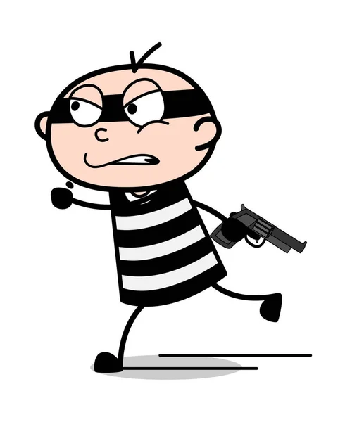 Ladrão irritado correndo com arma - Ladrão de desenhos animados criminoso Guy Vector — Vetor de Stock