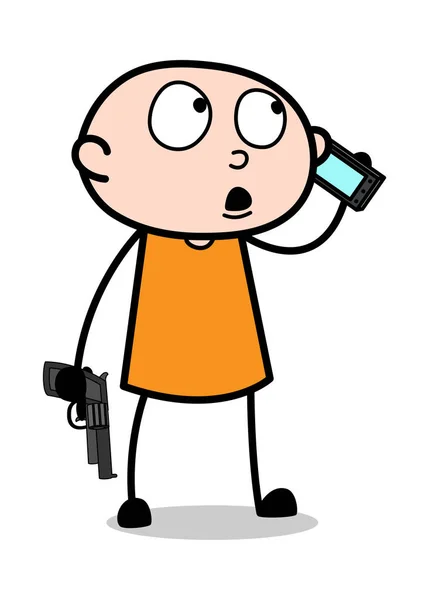 Segurando uma arma e falando no telefone - Cartoon ladrão criminoso Guy —  Vetores de Stock