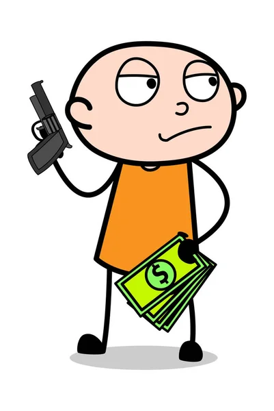 Segurando dinheiro e arma - Criminoso ladrão de desenhos animados Guy Vector Illust — Vetor de Stock