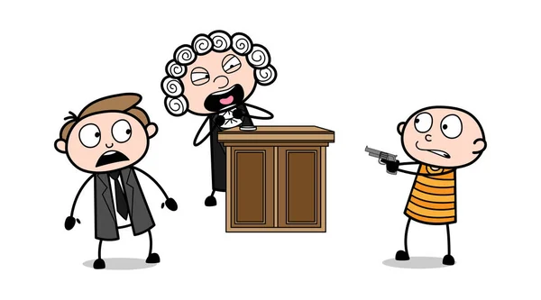 Ladrón de dibujos animados mostrando pistola a juez y abogado Vector Illustratio — Vector de stock