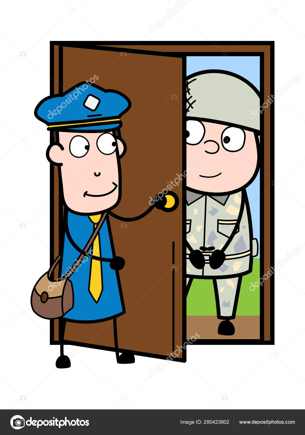 Opening a Door and Soldier Retro Postman Cartoon Cou Stock